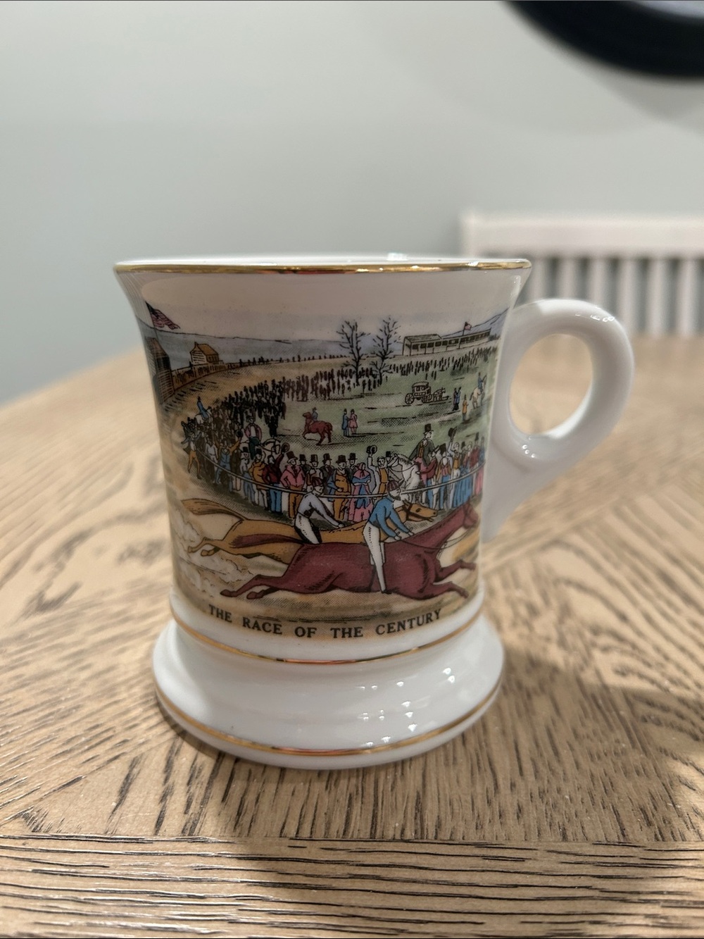 Vintage Horse Racing Ceramic Mustache Mug with Gold Trim - White